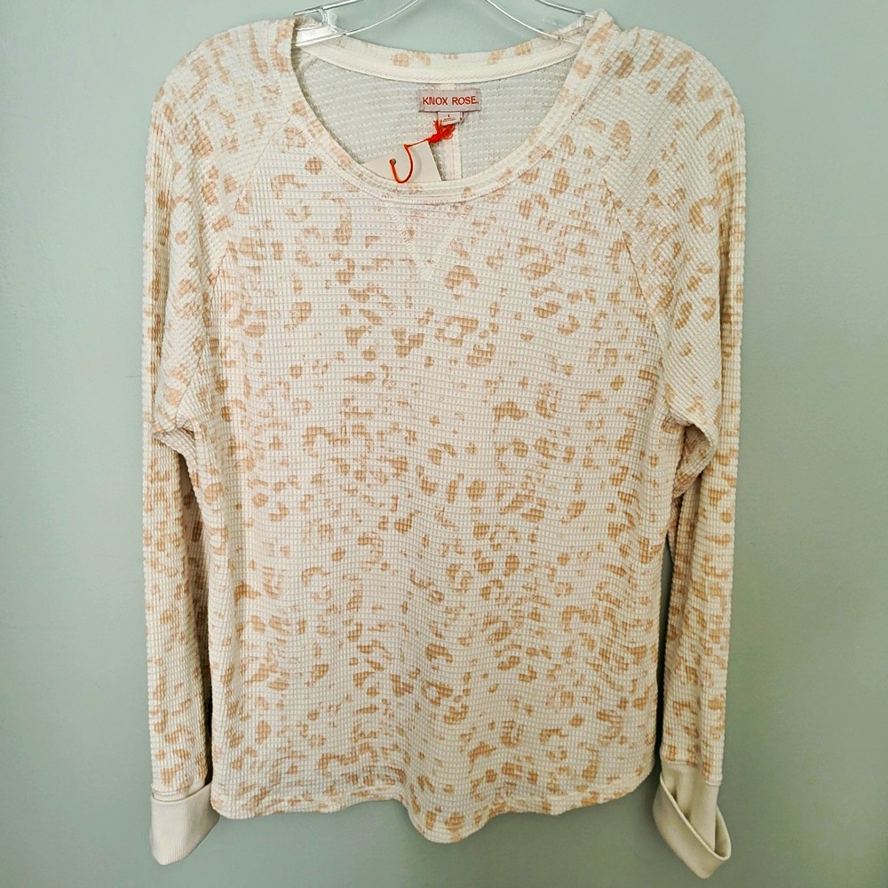 Knox Rose Women L Thermal Waffle Knit Scoop Neck Raglan Leopard Top cream Beige